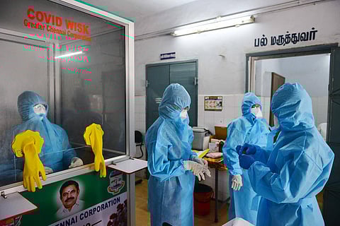 A covid-19 sample collection kiosk installed at Public Health Laboratory and Health Care Center at Pudupet in Chennai. (Photo | EPS/Debadutta Mallick)