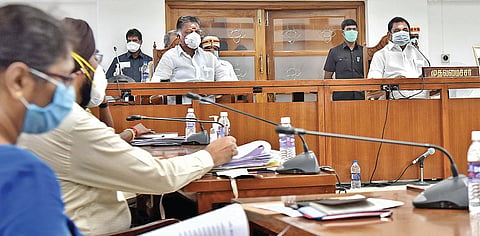 CM Edappadi K Palaniswami chairing a meeting with the heads of all departments to discuss COVID-19 mitigation measures at the Secretariat in Chennai on Thursday. Deputy CM O Pannerselvam and other ministers also took part in the meeting | p jawahar