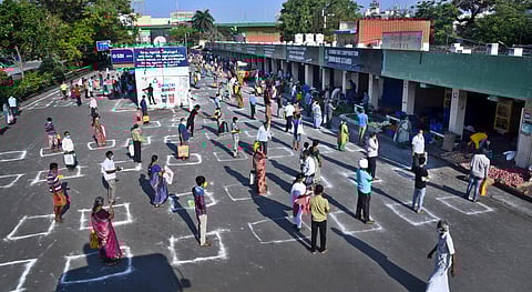File photo of people maintain social distance while buying groceries in Tamil Nadu. (Photo | A Raja, EPS)