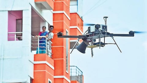 Drones are increasingly being used in Telangana for spraying disinfectants and for surveillance. (Photo | Ashwin Prasath, EPS)