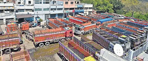 Dozens of trucks parked at the once bustling Azadpur Mandi | FILE
