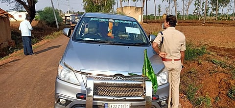 The seized vehicle at Narendra village (Photo | Express)
