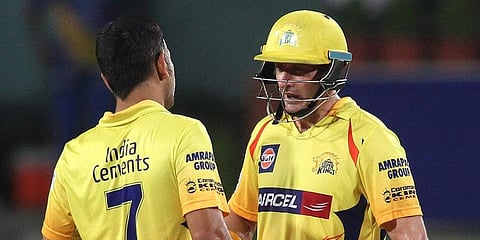 CSK legends MS Dhoni (L) and Michael Hussey (Photo | BCCI)