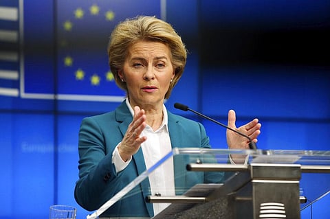 European Commission President Ursula von der Leyen addresses the media after a video-conference with G7 leaders at the European Council building in Brussels, Monday, March 16, 2020. (Photo | AP)