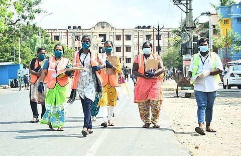 Chennai corporation staffers on a door-to-door survey in the city on Friday. (Photo | Ashwin Prasath, EPS)