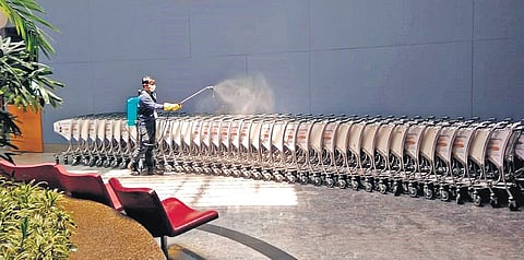 Extensive disinfection and sanitation drives being conducted across Kempegowda International Airport in Bengaluru on Thursday. The 1,55,000-sqmt terminal, airside and landside infrastructure have undergone multiple rounds of deep cleaning | Express