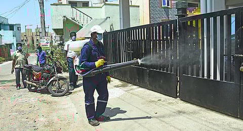 Rajagopal spraying repellents on the streets at Meenachi Nagar in Pallikaranai. (Photo | Ashwin Prasath, EPS)
