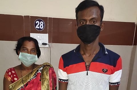 A nine-month pregnant woman who was going to Odhisha by walk from Hyderabad was rescued and shifted to Khammam hospital by the police and revenue officials. (Photo | EPS)