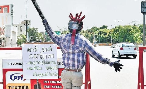 An effigy with a coronavirus-shaped head spreads awareness on the pandemic in Chennai | P Jawahar