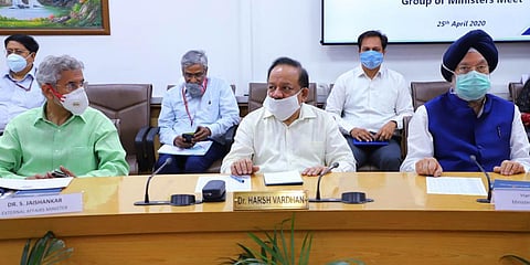 Union Health Minister Dr. Harsh Vardhan chairs the Union Group of Ministers (GoM) meeting over COVID-19, at Health Ministry, in New Delhi. (Photo| ANI)