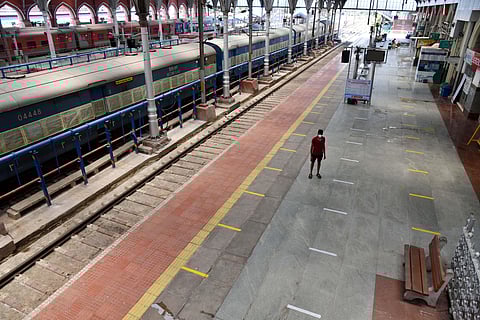 Social Distancing line marked at Egmore railway station before opening the railway operational in Chennai on Friday. (Photo | R Sathish Babu/EPS)