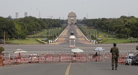 A deserted view of Rajpath during the full lockdown in New Delhi. (Photo | Anil Shakya, EPS)