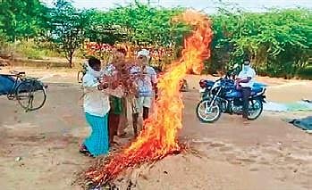 Distressed farmers set their paddy crop ablaze at Boinpalli mandal in Rajanna-Sircilla district on Saturday