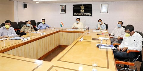 Assam Chief Minister Sarbananda Sonowal attending the PM Narendra Modi's video conference with CMs of all states at Guwahati. (Photo| ANI)