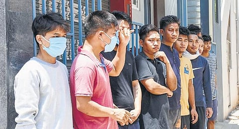 Workers from Northeast seen wearing masks. (Photo | MK Ashok Kumar, EPS)