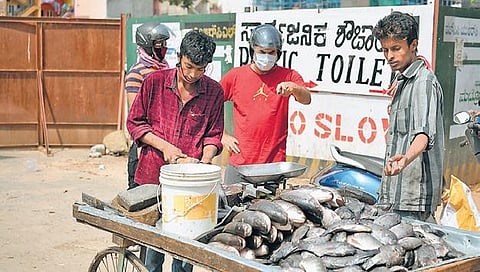 People buy fish from a push cart vendor in Bengaluru | Meghana Sastry