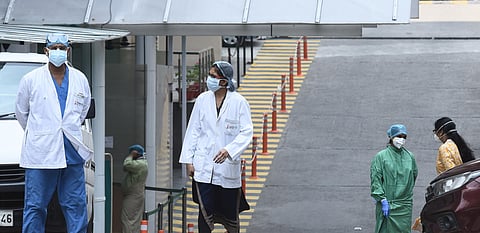 Health workers seen inside the premises of Max Hospital at Patparganj amid coronavirus outbreak, in New Delhi. (Photo| Parveen Negi, EPS)