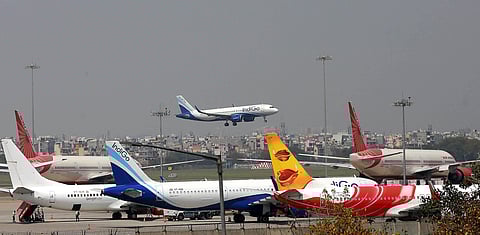 Flight lands at IGI T3 airport during the ongoing lockdown to control the spread of coronavirus in New Delhi on Tuesday. (Photo | Shekhar Yadav/EPS)