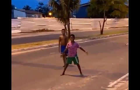 The video ends as our excited scorer runs to the middle of the road to celebrate his goal like Cristiano Ronaldo. (Twitter screengrab)