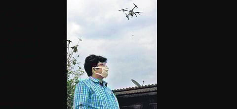 A drone sprays disinfectants in Sangareddy on Saturday