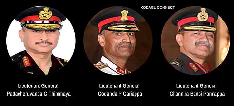 File photos of Lt Gen CP Cariappa, Lt Gen CB Ponnappa (R) and Lt Gen PC Thimmaya (L).  (Photo | KodaguConnect Twitter handle)