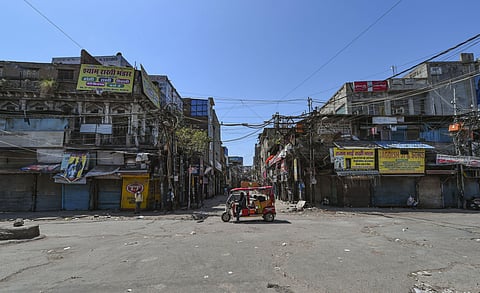 A view of a deserted Sadar Bazar during the ongoing coronavirus lockdown in New Delhi. (Photo | PTI)