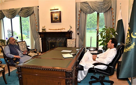 (Left) Pakistan National Assembly Speaker Asad Qaiser with (right) Prime Minister Imran Khan (Photo | Asad Qaiser, Twitter)