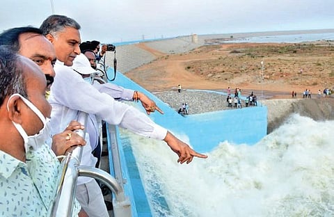 Finance Minister T Harish Rao, along with officials, during the inauguration of the third motor of Ranganayaka Sagar project in Siddipet on Thursday