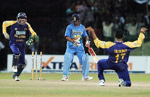 Sachin Tendulkar (C) is dismissed for 74 runs by Sri Lankan bowler, T.M. Dilshan. (Photo | AFP)