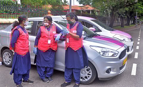 She Taxi drivers Jaicy Ramesh, Annie Surendran and Sunitha B are providing essential cab services amid the lockdown. (Photo | Vincent Pulickal, EPS)
