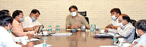 MAUD Minister KT Rama Rao holds a review meeting on TS-bPass on Thursday. Senior officials from the MAUD Department including Principal Secretary Arvind Kumar and Mayor Bonthu Rammohan are also seen