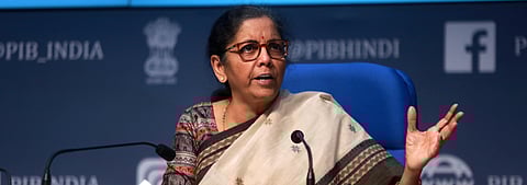Finance Minister Nirmala Sitharaman addresses a press conference in New Delhi on Saturday. (Photo|EPS/ Shekhar Yadav)