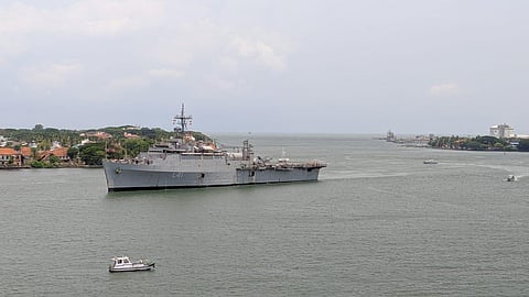 The Indian Navy ship INS Jalashwa under 'Operation Samudra Setu' with 588 evacuees from Maldives arrived at the Cochin Port at 11.30 am on Sunday. (Photo | Cochin Port Trust, Twitter)