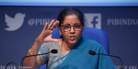 Union Finance Minister Nirmala Sitharaman addresses a press conference to announce the fifth and final tranche of economic stimulus package at the National Media Centre in New Delhi on Sunday. (Photo | Anil Shakya, EPS)