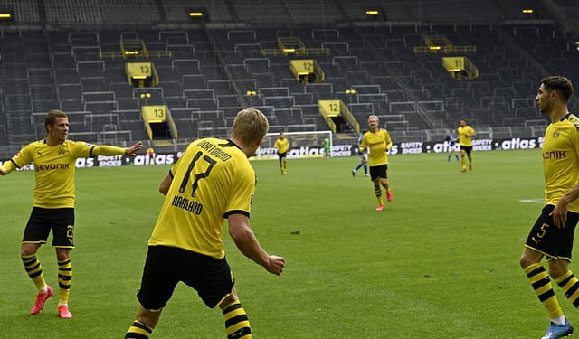 Borussia Dortmund's Erling Haaland on Saturday celebrated his 10th goal in nine Bundesliga games with a restrained dance as his teammates stayed back. (Photo | AFP)