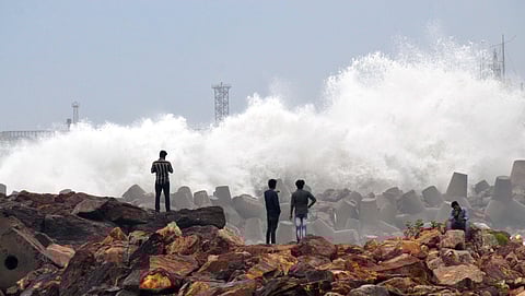 High tides gushing at RK Beach in Visakhapatnam on Monday. (Photo | G Satyanarayana, EPS)