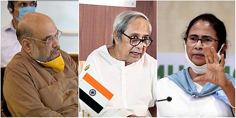 (From left) Union Home Minister Amit Shah, Odisha CM Naveen Patnaik and West Bengal CM Mamata Banerjee. (File photo| ANI and PTI)