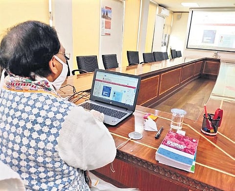 Union HRD Minister Ramesh Pokhariyal e-launching books on corona studies brought out by the National Book Trust late last week