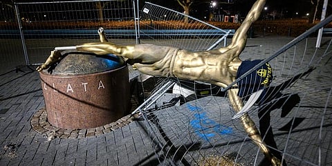 The damaged statue of soccer player Zlatan Ibrahimovic next to Stadion football arena in Malmo, Sweden. (File Photo | AP)