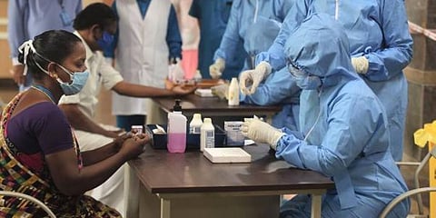 Medics take samples for rapid test at Rajiv Gandhi Government General Hospital during the nationwide lockdown to curb the spread of coronavirus, in Chennai. (Photo | PTI)