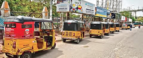 Auto-rickshaws parked outside the Jubilee Hills Bus Station expecting a steady flow of passengers in Hyderabad.  (Photo |Vinay Madapu,  EPS)
