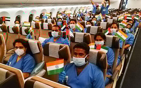 The team, second from Kerala this month, includes critical care nurses and doctors. They will work in various COVID-19 hospitals across UAE adding to the nation’s existing workforce. (Photo | Twitter)