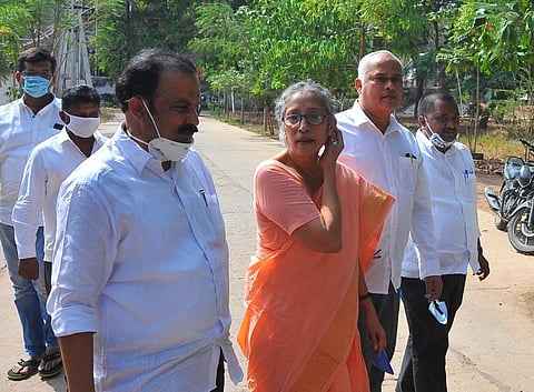 P Ranganayaki attending for inquiry at CID office of Guntur on Thursday. (Photo | EPS)