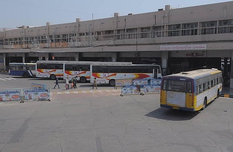 Almost after two months all the platforms of PNBS looks filled as APSRTC resumes its services in Vijayawada on Saturday. (Photo | Prasant Madugula, EPS)