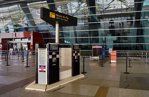 A view of 'Scan Fly' kiosk outside T3 deparature gate of Indira Gandhi International Aiport during the fourth phase of COVID-19 nationwide lockdown in New Delhi Sunday May 24 2020. (Photo | PTI)