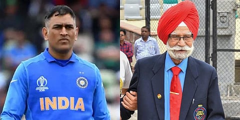 Former Indian skipper MS Dhoni (L) and hockey legend Balbir Singh Sr (Photo | AFP and PTI)