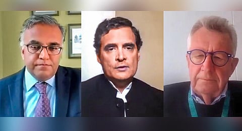 Harvard health expert Professor Ashish Jha, Congress party leader Rahul Gandhi, Swedish physician Professor Johan Giesecke. (Photo | PTI)