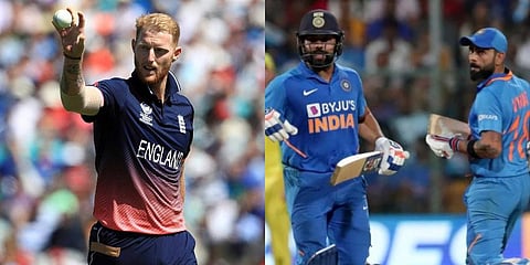 England all-rounder Ben Stokes (L) and Indian cricketers Virat Kohli and Rohit Sharma (Photo | AP and PTI)