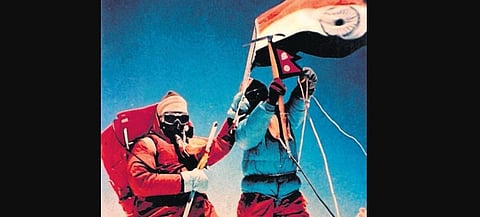Ahluwalia at the Mt Everest Summit on May 29, 1965, with Phu Dorjee, the first Indian to complete the expedition without oxygen