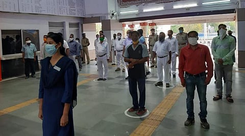 Railway staff sing 'Bande Utkal Janani' in Sambalpur (Photo | Twitter/EAST COAST Railway)